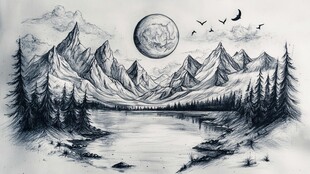 月夜山林湖景手绘风光