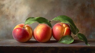 三颗鲜桃配绿叶