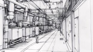 工业走廊中的孤独身影