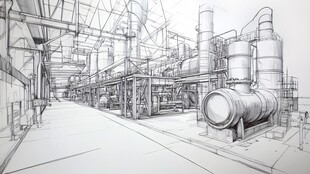 工业工厂内部线稿场景