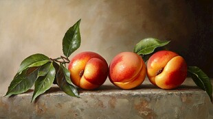 三个鲜桃带叶静置于石台