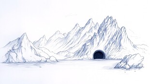 手绘山水间的神秘洞口