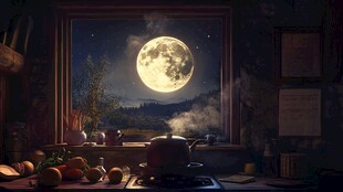 窗边月夜厨房静谧景象