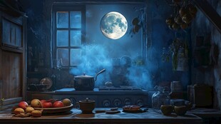 月夜下的神秘厨房场景