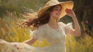 田野中欢笑的白衣女子