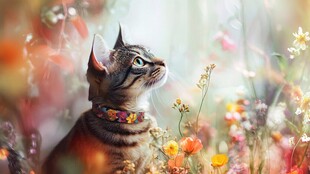 花丛中抬头凝望的可爱猫咪