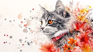 水墨风猫咪与烂漫繁花