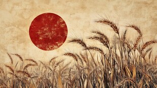 红日下的金黄麦穗田野