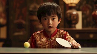中式着装孩童专注打乒乓球