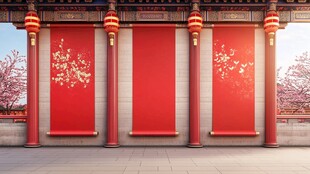 中式喜庆红墙建筑场景
