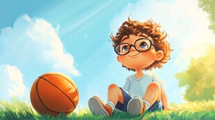 草地上戴眼镜的篮球男孩