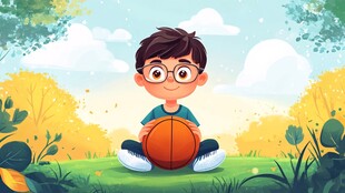 男孩草地抱球惬意模样