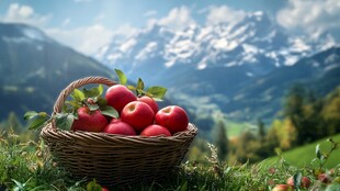 山间草篮中的红苹果