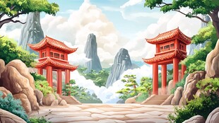 中式山水间的红色亭阁