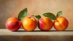 四个鲜桃摆放在木桌上