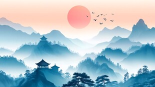 夕阳下的山水古建筑美景