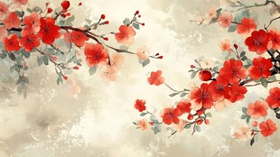 中式手绘绽放红梅图景