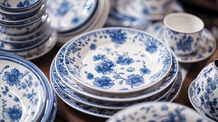 蓝白青花瓷餐具优雅陈列