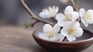 瓷碗中的素雅白梅花