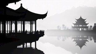 水墨湖畔亭阁剪影