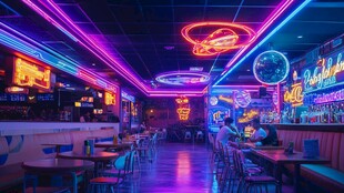 复古霓虹风的时尚酒吧空间