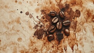 咖啡豆洒落于斑驳咖啡渍上