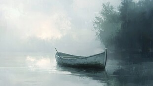 雾中孤舟静泊湖畔