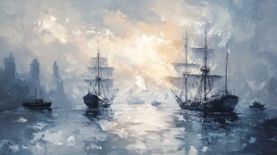 海上帆船日出壮丽景象