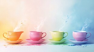 彩色咖啡杯营造梦幻氛围