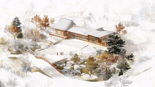 冬日山林中的静谧中式建筑