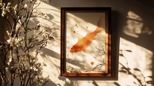 中式挂画旁的素雅花枝