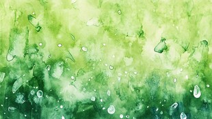 翠绿水彩背景上的晶莹水滴