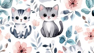 可爱猫咪与花卉图案背景