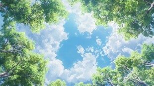 仰望绿意盎然的蓝天白云