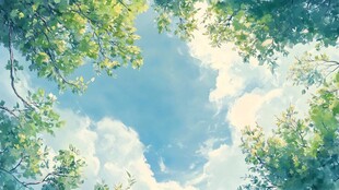 仰望葱郁枝叶间的蓝天