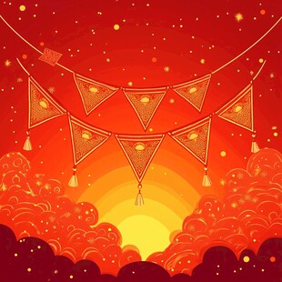 夕阳下的中式喜庆三角旗