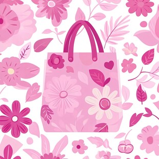 粉色花卉图案购物袋插画