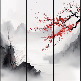 水墨红梅山水三联画