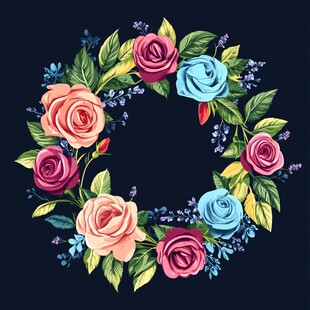 多彩玫瑰花环插画图案