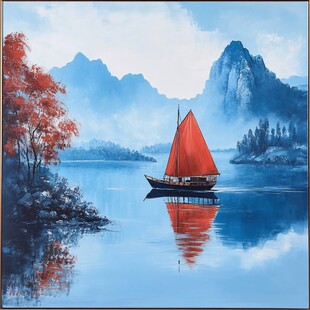 江上红帆秋景图