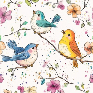 枝头小鸟与烂漫花朵图案
