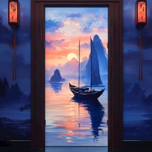 开门见山水上帆船映日景