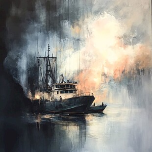 雾霭中的海上船只画面