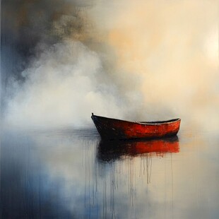 孤舟泛于迷雾水面