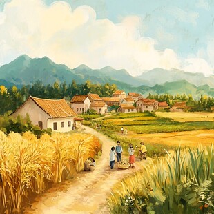 乡村麦田间的温馨生活场景
