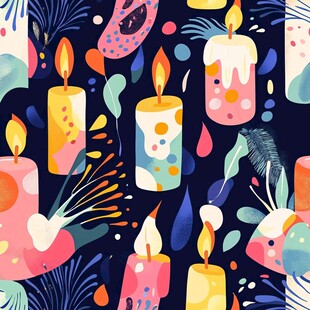 多彩蜡烛与植物梦幻插画