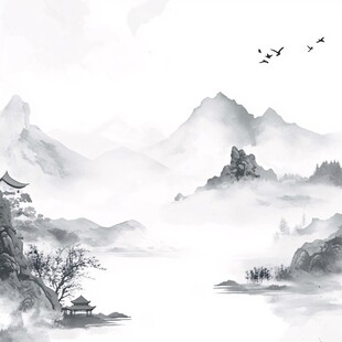 水墨山水间 飞鸟伴亭阁