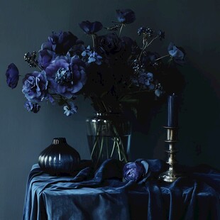 深蓝系静物 花与烛的优雅