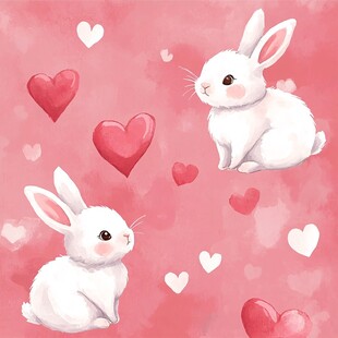 两只萌兔与爱心梦幻插画