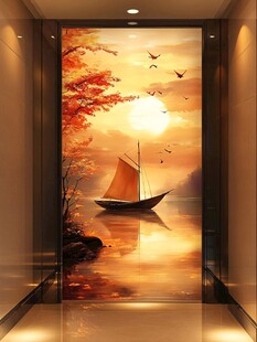 夕阳帆船图玄关精美壁画